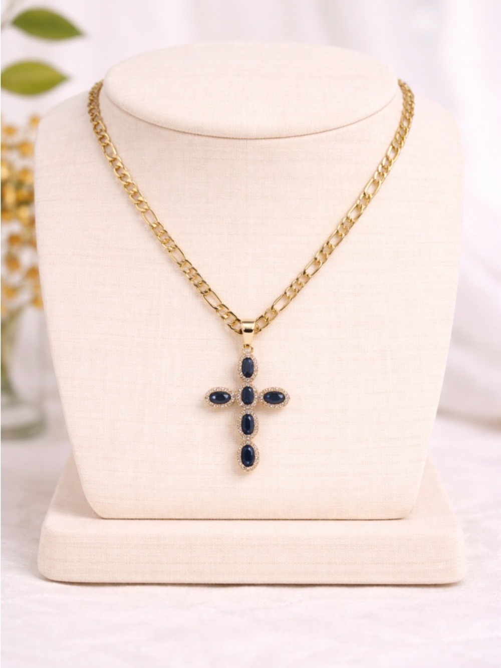 Cross Pendant Necklace with Navy Blue Stones